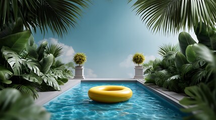 Obraz premium Tropical pool cartoon scene with inflatable donut float 3d beach resort illustration soft light tropical vibe