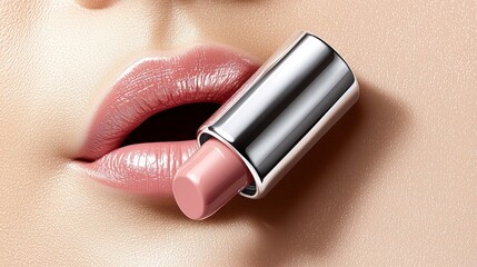 Obraz premium Glossy Nude Lipstick Application on Soft Pink Lips with Sparkling Background