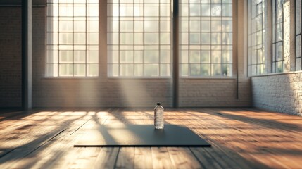 Stylishly empty loft space with yoga mat and water bottle on wooden floor, full sunlight entering through large windows