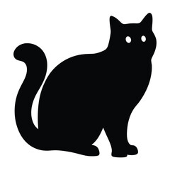 Silhouette of a black cat with vector white eyes sitting on its paws