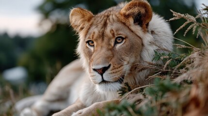 Obraz premium Serenely Resting Young Lioness Camouflaged Amidst Tall Grass in Natural Habitat