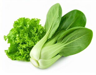 Fresh leafy green vegetables isolated on white background with clipping path and full depth of field for product display