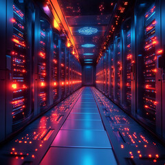 Fototapeta premium A glowing data center filled with servers and AI-driven systems processing vast amounts of information