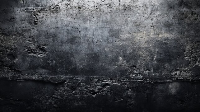 Deep black grunge concrete stone wall background – rugged industrial texture backdrop ideal for dramatic interior visualization, modern product mock-ups, and edgy urban graphic design projects