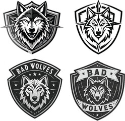 Fototapeta premium Vector Icon Set of four aggressive wolf head badge logos with shield shapes and 