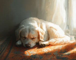 A dog curled up on a rug, its eyes sad and distant, with soft sunlight coming through the window