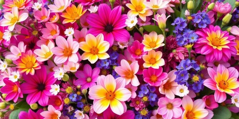 Fototapeta premium Vibrant floral background with spring and summer blooms, ample copy space, tulips, summer