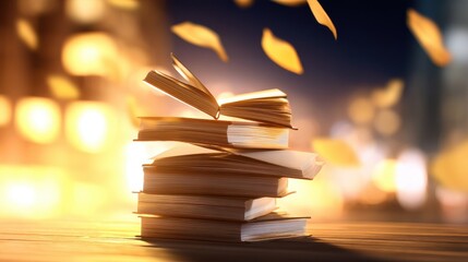 Stacked books with pages fluttering in a softly lit urban environment at dusk