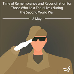 illustration vector graphic of a soldier wearing sunglasses is saluting, perfect for international day, time of remembrance, reconciliation, those who lost, their lives during, second world war.