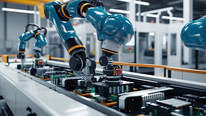 Fototapeta premium Sophisticated robotic arms work in unison in a clean, modern factory environment.