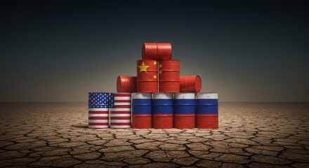 global trade between the US and China in 2025. The scene features two containers with opposing flags of the United States and China, either colliding or standing face to face in a port under a dramati
