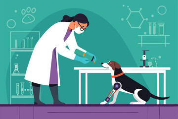 A veterinarian carefully fits a 3D-printed prosthetic limb onto an injured animal, showcasing advanced veterinary technology and compassionate care.