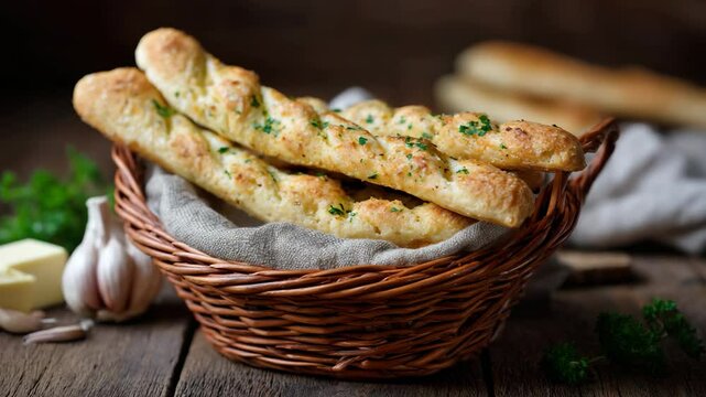 A close-up view of crispy garlic breadsticks presented in a rustic woven basket, perfect for accompanying meals or enjoyed as a delicious snack any time.