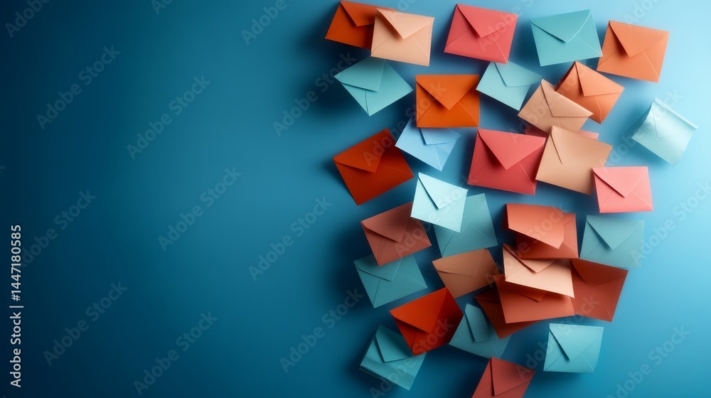 Poster brightly colored envelopes seem to float in mid-air, beautifully contrasting with a rich blue backgr