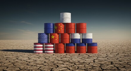 global trade between the US and China in 2025. The scene features two containers with opposing flags of the United States and China, either colliding or standing face to face in a port under a dramati