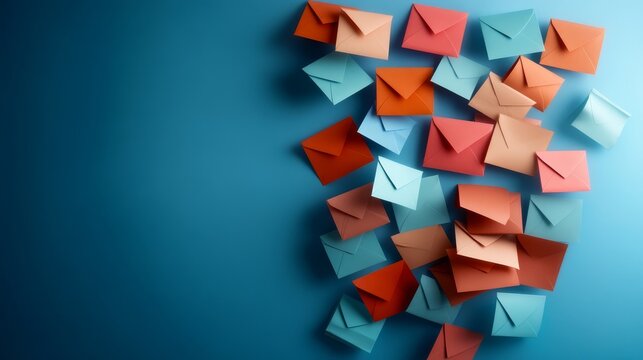 Brightly colored envelopes seem to float in mid-air, beautifully contrasting with a rich blue background, providing ample space for text and creative layouts