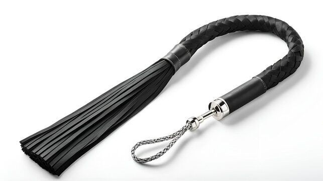 Black flogger on a white background with a stitched handle.