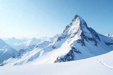 Snow-covered mountain peak, pristine white landscape, rocks, stillness