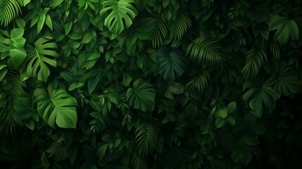 Rich tropical foliage creates a vibrant and bold design, showcasing intricately layered monstera and palm leaves on a dark background, perfect for various projects