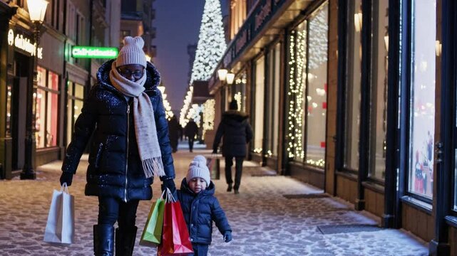 A mother and her child stand walking in the snow on a winter evening, illuminated by streetlights. The mother, dressed in a coat, boots, carries bags while the child in a hooded jacket gazes towards t