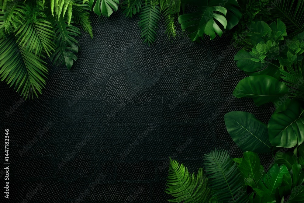 Poster dark green palm leaves form a stylish seamless pattern on a dark background, providing an organic te