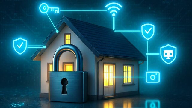 Smart Home with Glowing Lock and Holographic Security Icons Representing AI-Powered Digital Protection and Wireless Safety System

