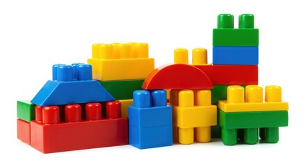 Fototapeta premium Colorful plastic building blocks stacked together on a white background view