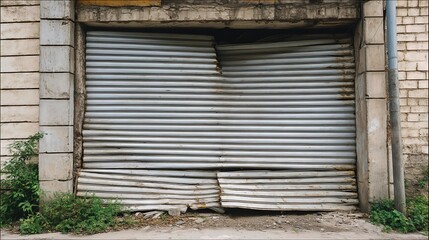 The damaged garage entrance, with bent metal shutters and a destroyed roller door, adds a rugged, urban edge to the industrial landscape.
