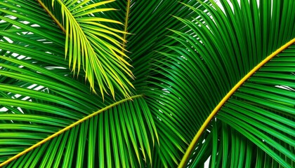 Vibrant green tropical coconut palm fronds, isolated, background, element