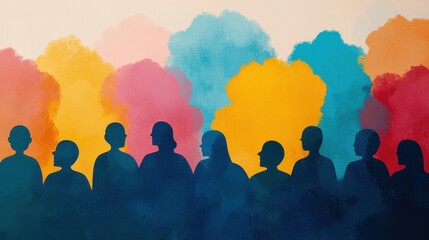Silhouettes of People in Front of Colorful Abstract Backgrounds Representing Diversity and Unity in Society