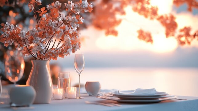 Elegant outdoor dining setting at sunset