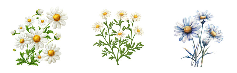Daisy flower collection with leaves and stems. cut out transparent