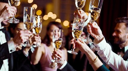 Hands, group and toast champagne at party in celebration, goals or connection for success in career at night. Business people, drinks and alcohol for cheers, congratulations or new year at gala event - Powered by Adobe