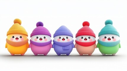Vibrant wintertime lineup of adorable characters radiating charm and happiness suitable for cheerful holiday themed graphics and presentations for children