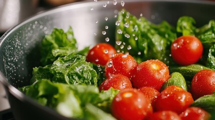 Fresh Green Salad Preparation with Cherry Tomatoes and Leafy Greens in Kitchen with Water Droplets