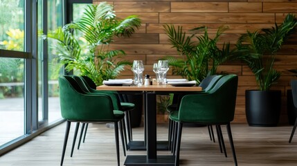 Fototapeta premium Elegant Dining Area with Green Chairs, Wooden Wall and Table Set for a Fine Dining Experience