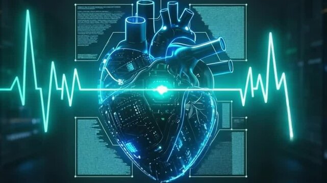 Medical illustration, anatomical heart, digital art, neon blue glow, EKG heartbeat line, holographic display, futuristic medical technology, cyberpunk aesthetic, dark background, video download.