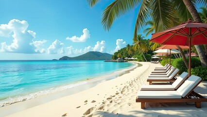 Panorama of a tropical paradise beach with palm trees and white sand on the ocean shore. trip to the sea in a warm summer climate, a vacation tour. AI generated