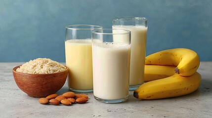 Nutritious, plant-based milk alternatives, including banana, oat, rice, and almond options, provide a healthy, diet-friendly drink free from lactose and gluten, perfect for starting your day.