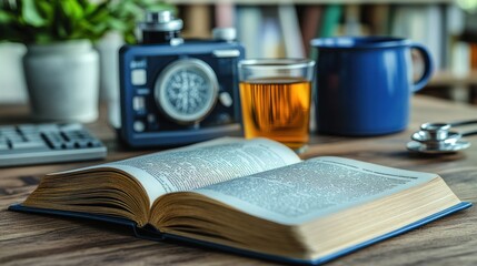 Naklejka premium Open book, tea, camera, stethoscope
