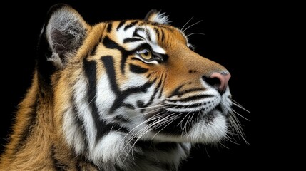 Fototapeta premium Intricate portrait of a majestic tiger revealing its distinctive striped pattern against a solid black backdrop enhancing its beauty and mystique