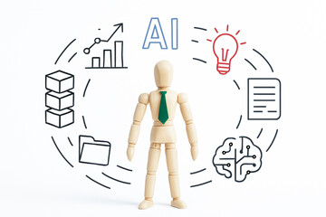 Conceptual ai data tecnology illustration with wooden mannequin surrounded by icons representing innovation and digital information