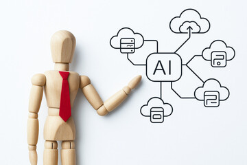 Conceptual ai data technology illustration with wooden mannequin pointing at cloud computing diagram on white background