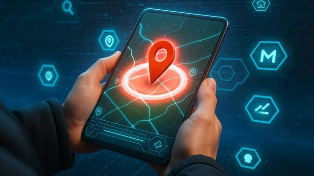 Person Holding Tablet with Glowing Red Location Pin and Holographic Navigation Icons Representing Smart GPS and Digital Mapping System

