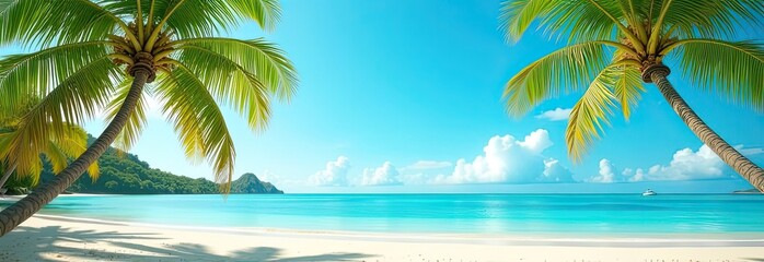 Panorama of a tropical paradise beach with palm trees and white sand on the ocean shore. trip to the sea in a warm summer climate, a vacation tour.