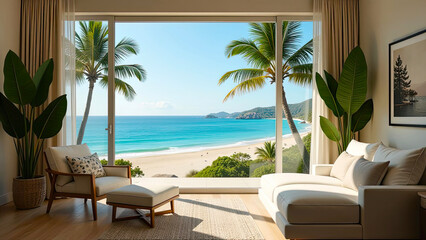Fototapeta premium The interior of the hotel room with a view of the ocean for a beach holiday and travel.