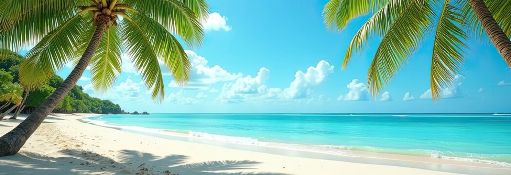 Panorama of a tropical paradise beach with palm trees and white sand on the ocean shore. trip to the sea in a warm summer climate, a vacation tour.  - Powered by Adobe