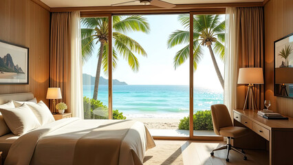 Obraz premium The interior of the hotel room with a view of the ocean for a beach holiday and travel.