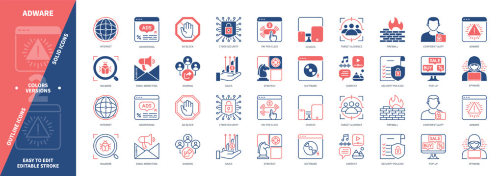 Adware icon set. Pop Up, Software, Pay per Click, Spyware, Malware, Internet, Advertising, Firewall. Duotone color solid and editable outline icons