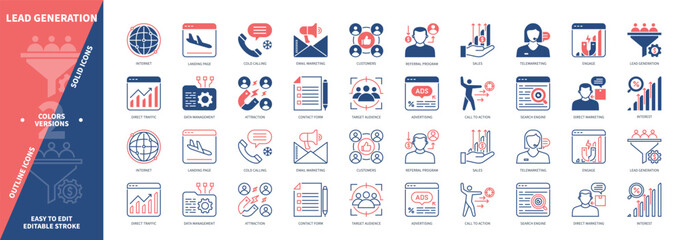 Lead Generation icon set. Call to Action, Cold Calls, Engage, Direct Traffic, Attraction, Internet, Interest, Referral Program. Duotone color solid and editable outline icons
